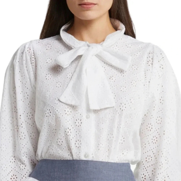 NWT Batsheva Cotton Eyelet Lace Broderie Anglaise Bow Detail Blouse White Size 6 - Picture 1 of 13